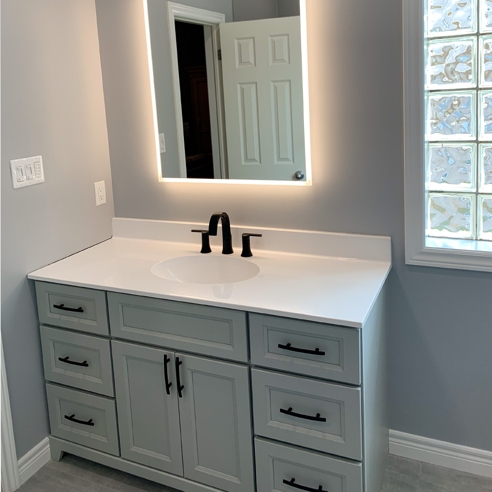 Modern Main Bathroom remodel with Stonewood Vanity, Soaking Bathtub, Walk-in shower and Matte Black Faucets