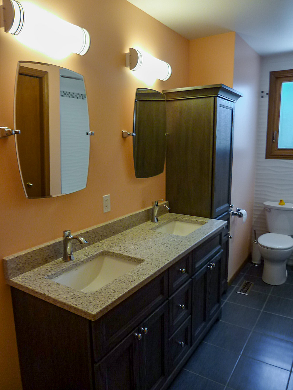 60&quot; Stonewood Bathroom Vanity and Linen Tower in Urban Oak with Quartz Top 