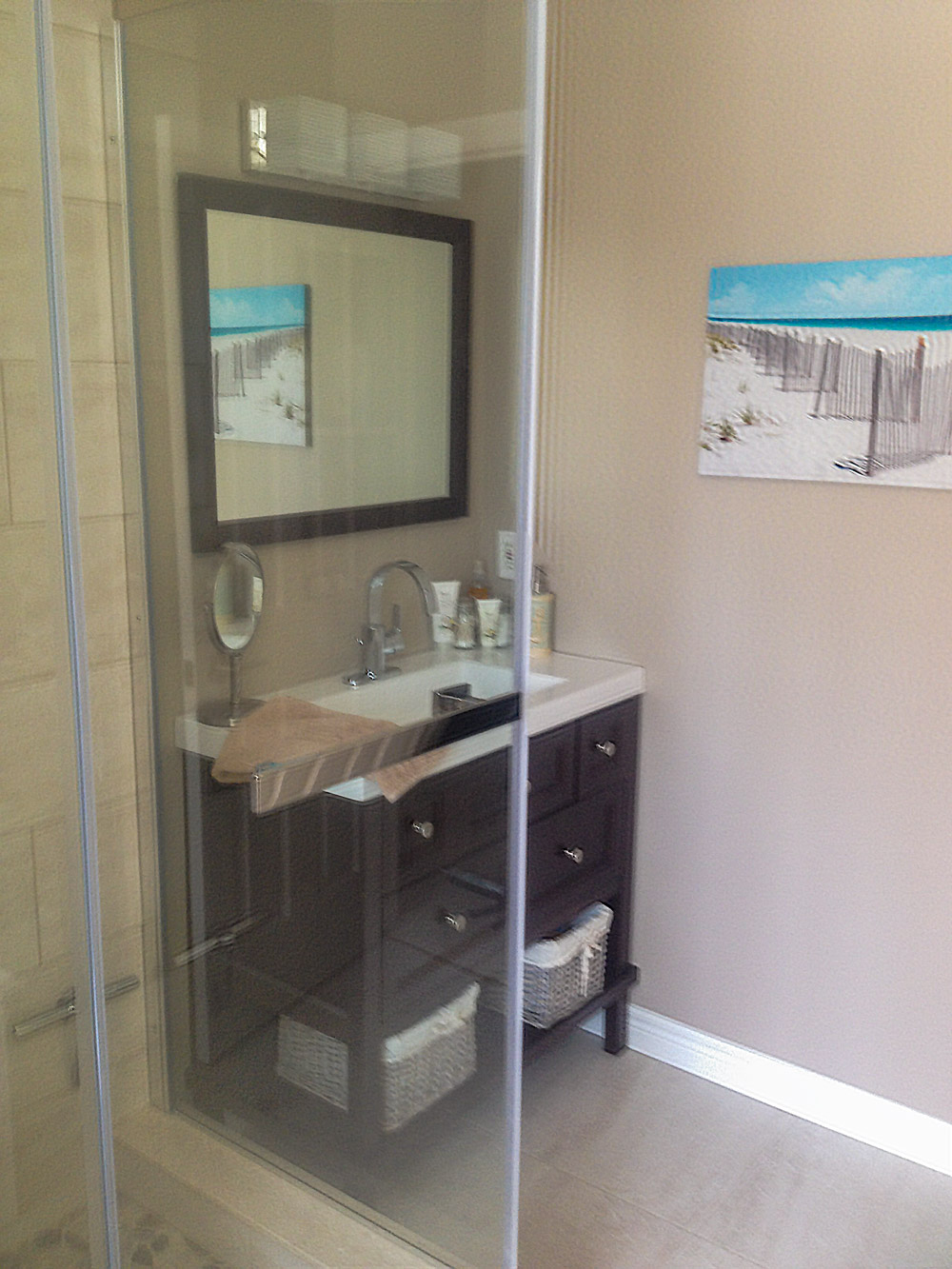 Custom furniture style washstand with stone top. 